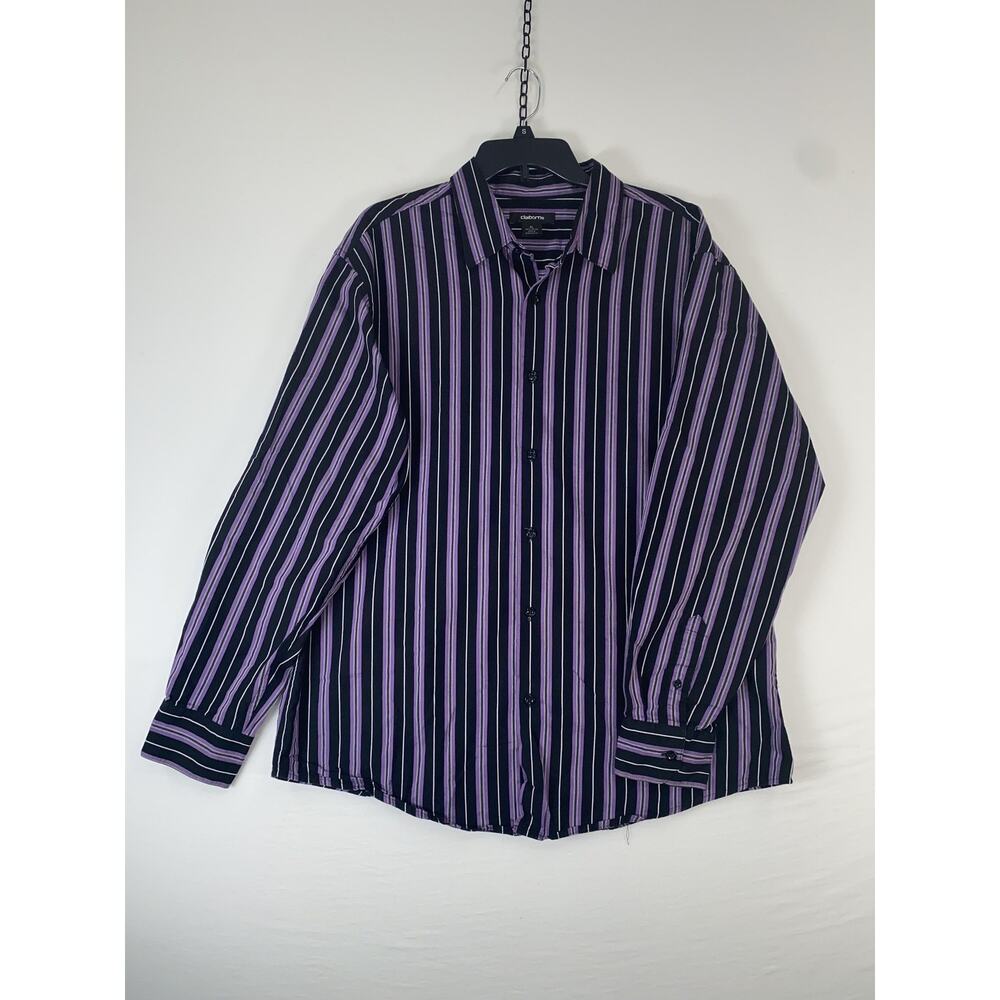 Claiborne Shirt Mens XL Black Purple Striped Long Sleeve Button Up Cotton Casual